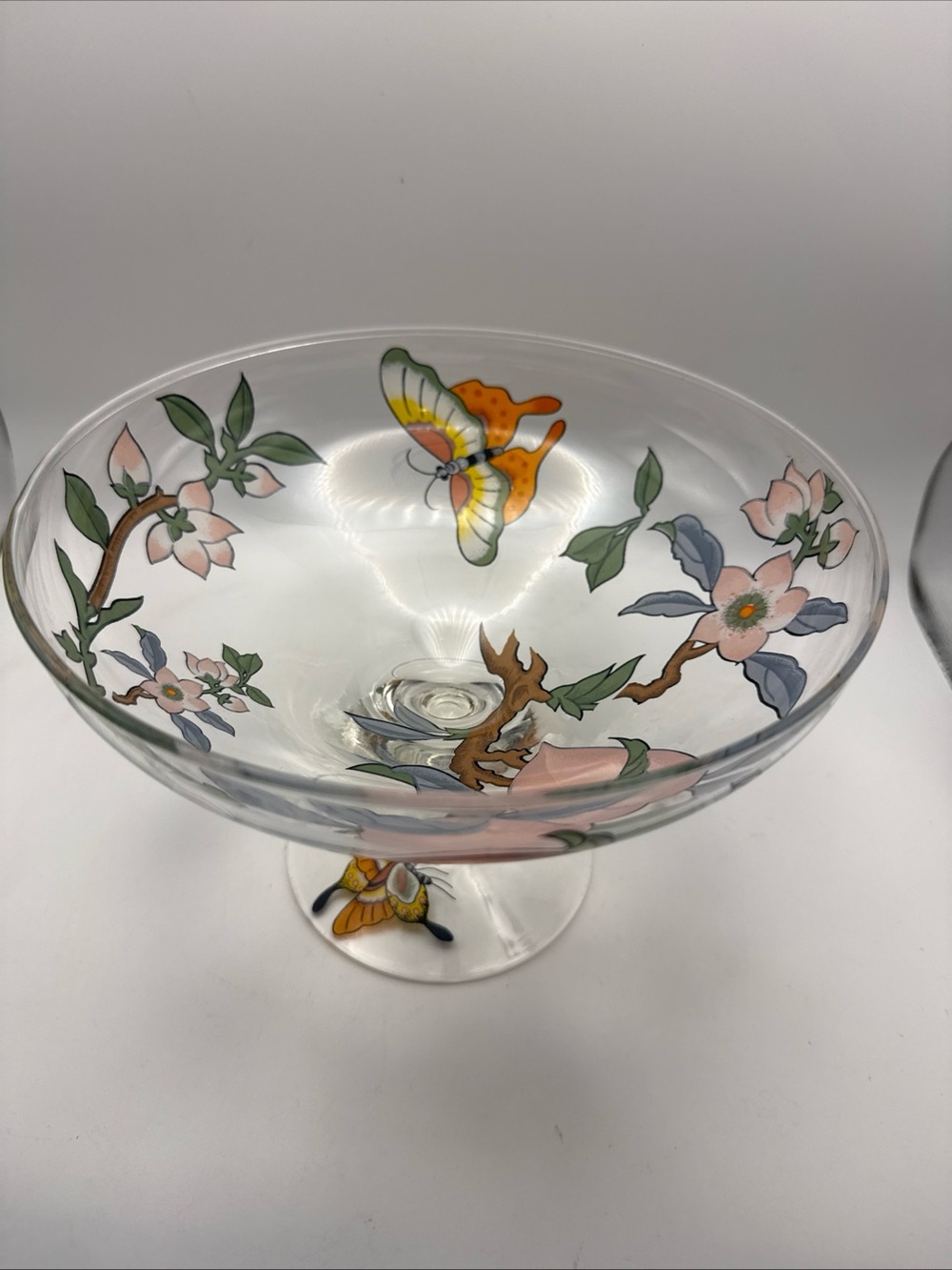 Vintage Arcoroc France Footed Decorative Butterfly & Peach Flower/Branch Compote